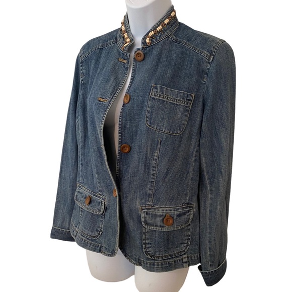 SIGRID OLSEN BOHO DENIM JACKET STRUCTURED WITH WOOD BEADS EMBROIDERED SIZE SMALL - Picture 3 of 16